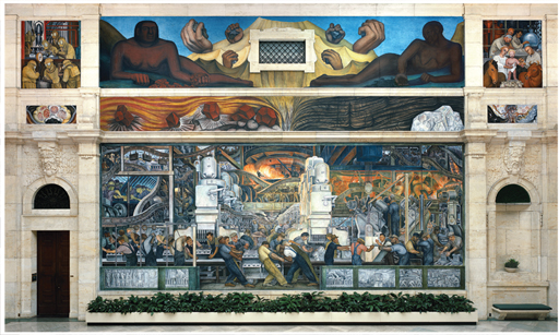 Diego Rivera mural showing workers, machinery, and industrial production