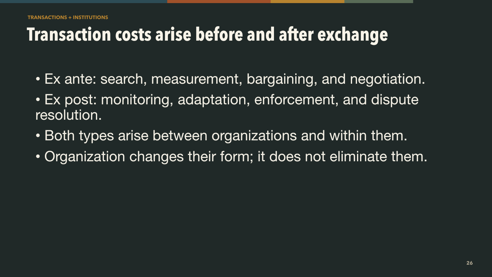 Transaction costs arise before and after exchange