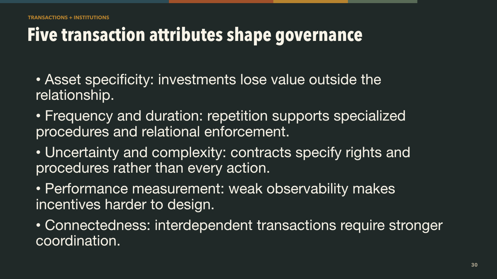 Five transaction attributes shape governance