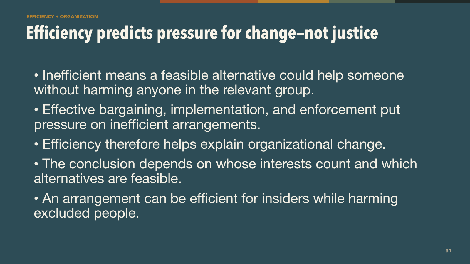 Efficiency predicts pressure for change, not justice